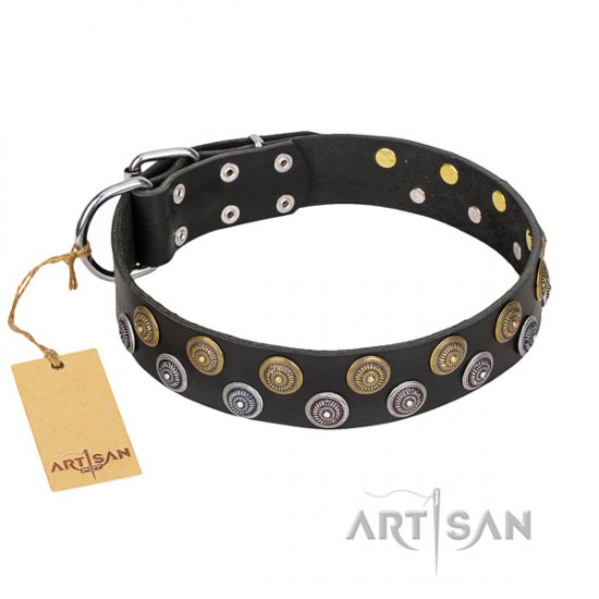 "Romantic Breeze" FDT Artisan Hypnotic Black Leather Dog Collar