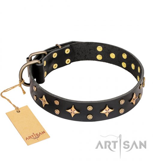 "A La Mode" FDT Artisan Black Leather Dog Collar with Stars