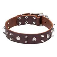 Hard Rock Dog Collar Leather with Skulls and Two Rows of Spikes