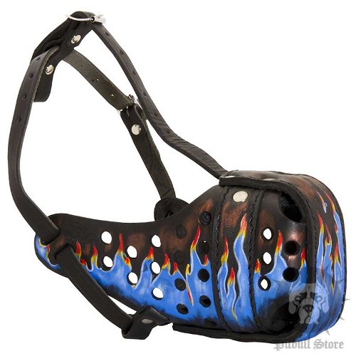 Stylish Dog Muzzle with Blue Fire Pattern for Pitbull and Staffy