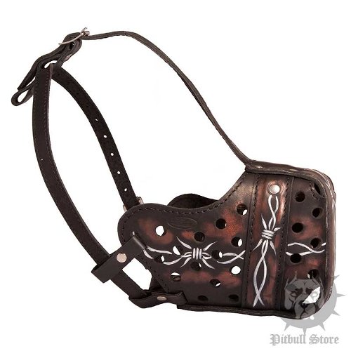 Handmade Leather Dog Muzzle with Barbwire Pattern for Pitbull