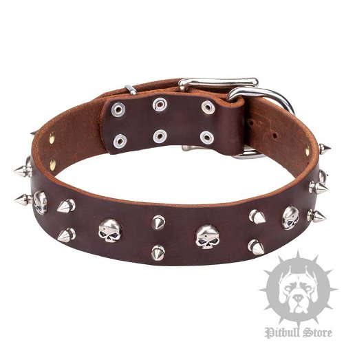 Hard Rock Dog Collar Leather with Skulls and Two Rows of Spikes