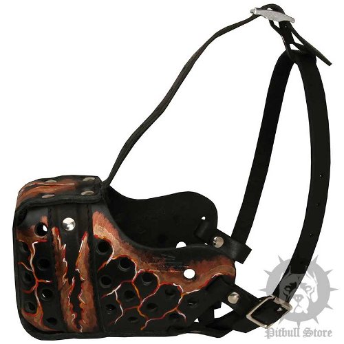 Exclusive Handmade Leather Dog Muzzle "Magma" Paint for Pitbull
